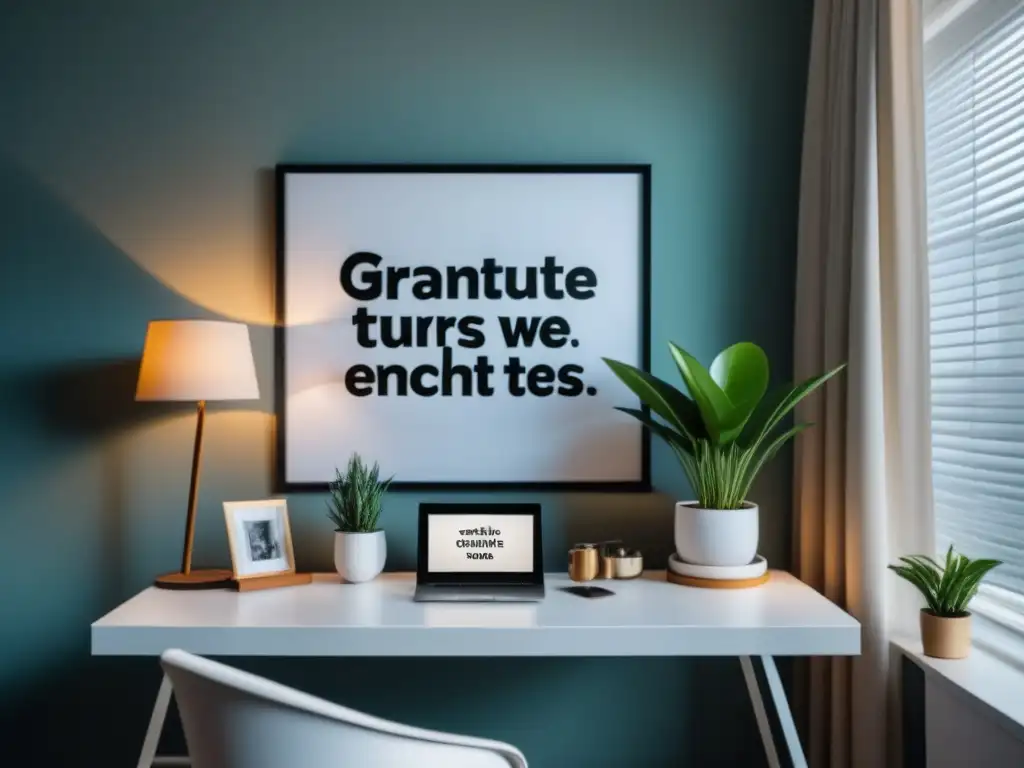 Oficina en casa minimalista con plantas y gratitud Un rincón de oficina en casa con un escritorio blanco, una planta y una cita sobre gratitud en la pared