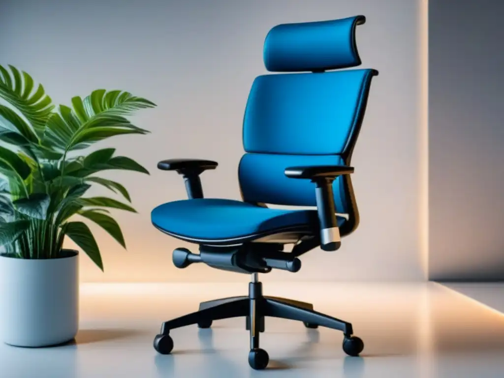 Silla de oficina ergonómica azul en ambiente sereno Transforma tu oficina en casa con una silla ergonómica moderna en azul, frente a un escritorio blanco y una planta