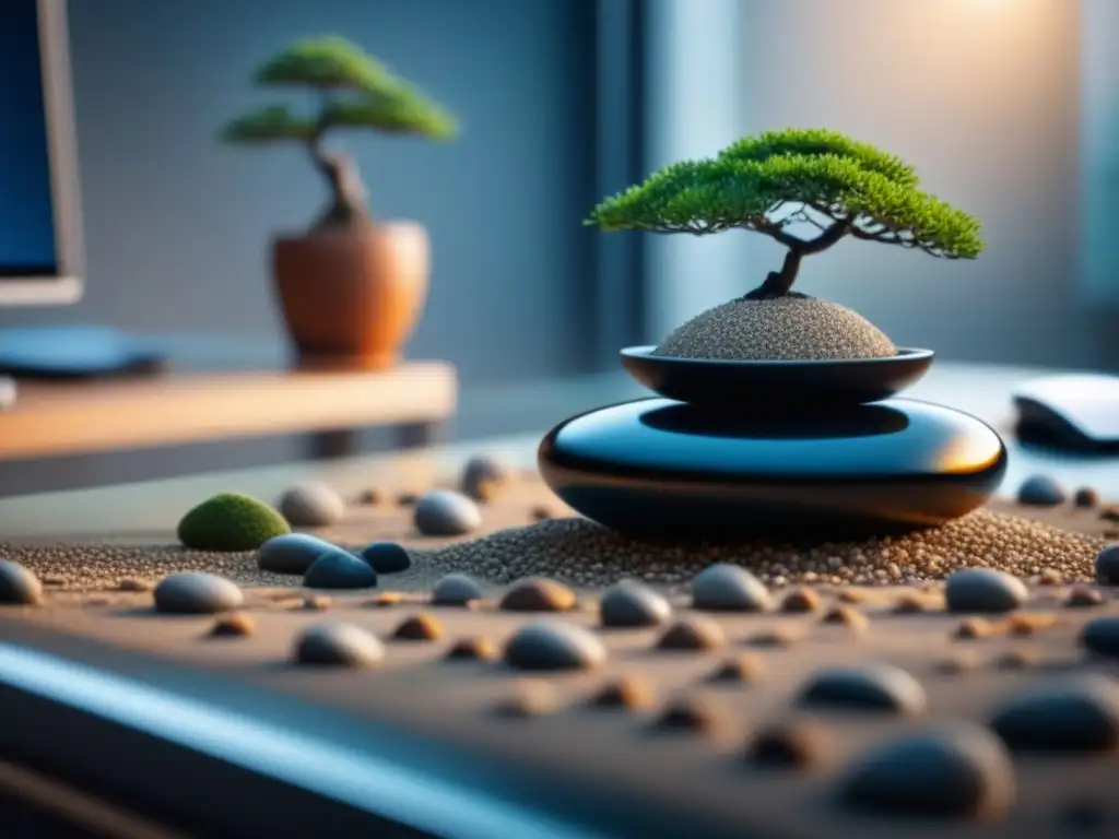 Oficina minimalista con un escritorio de vidrio y jardín Zen, transmite calma y concentración