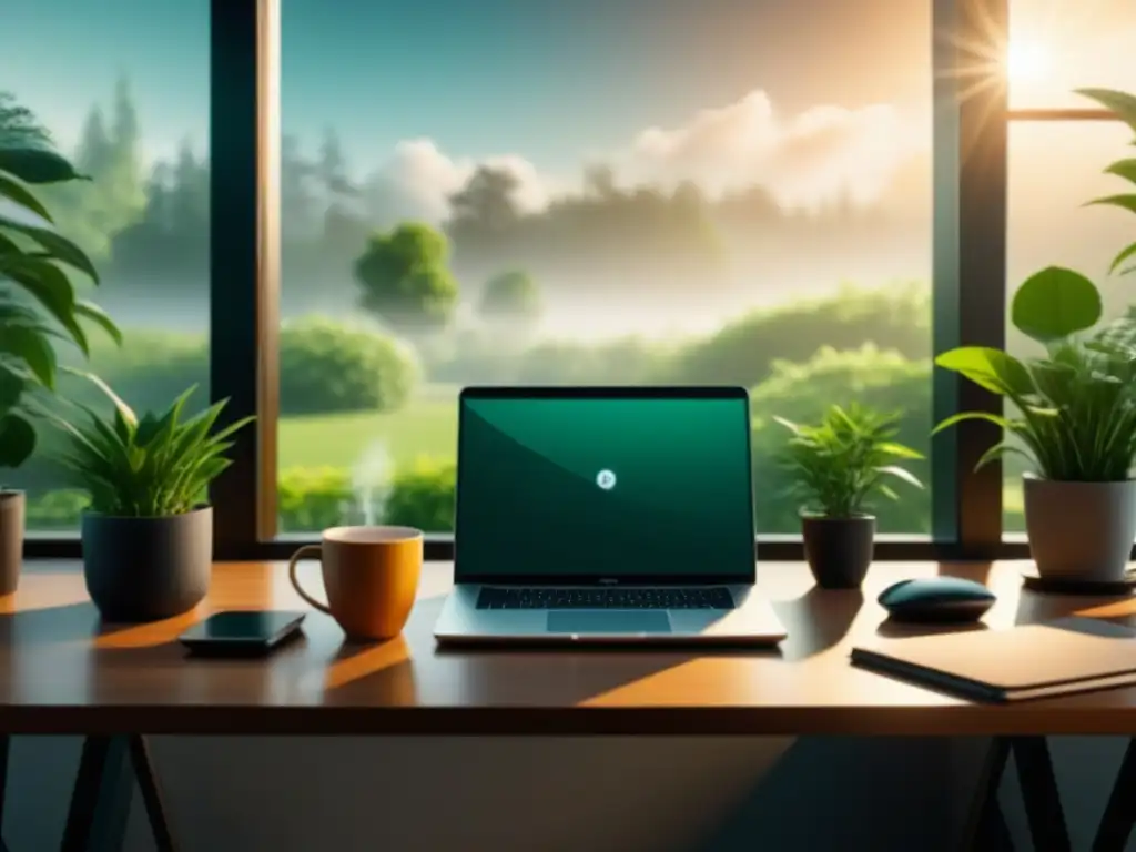 Oficina minimalista con vista a jardín: calma y enfoque Oficina serena con vista a un jardín verde, escritorio ordenado con planta, laptop y té