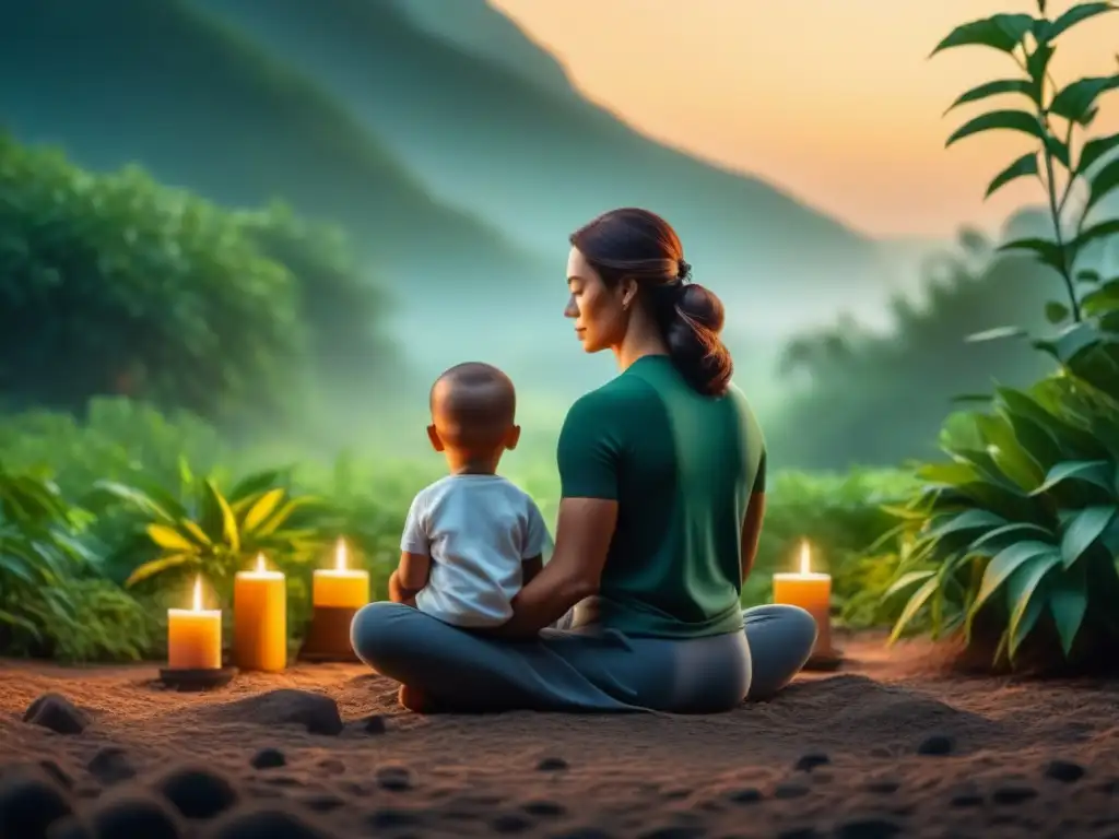 Mediación familiar: armonía y tranquilidad Padre e hijo meditan juntos en casa, rodeados de luz de velas y plantas
