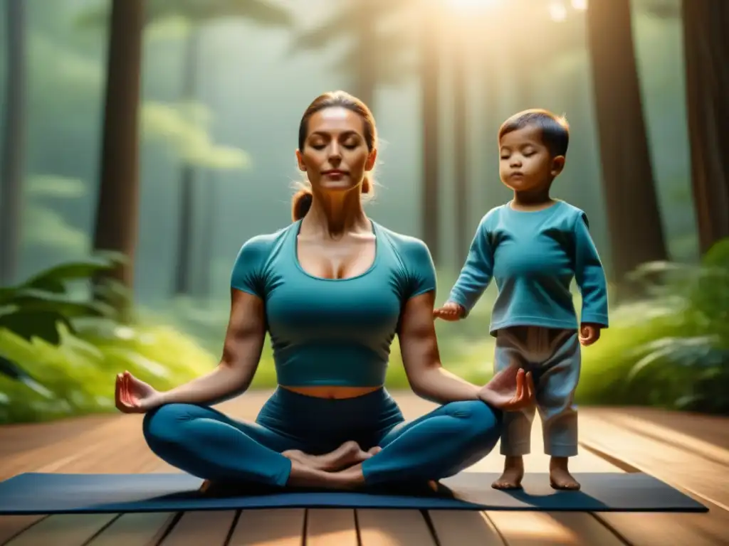 Yoga en familia: armonía y conexión en la naturaleza Padre e hijo practican yoga en familia para relajarse en armonía bajo la luz matutina en la naturaleza