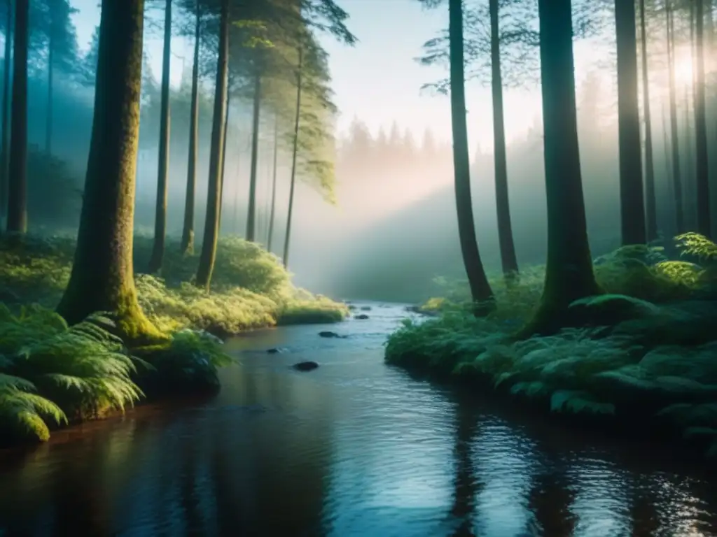 Bosque tranquilo: luz, sombras y armonía natural Paisaje forestal sereno con luz filtrándose entre hojas verdes, arroyo y sonidos de la naturaleza