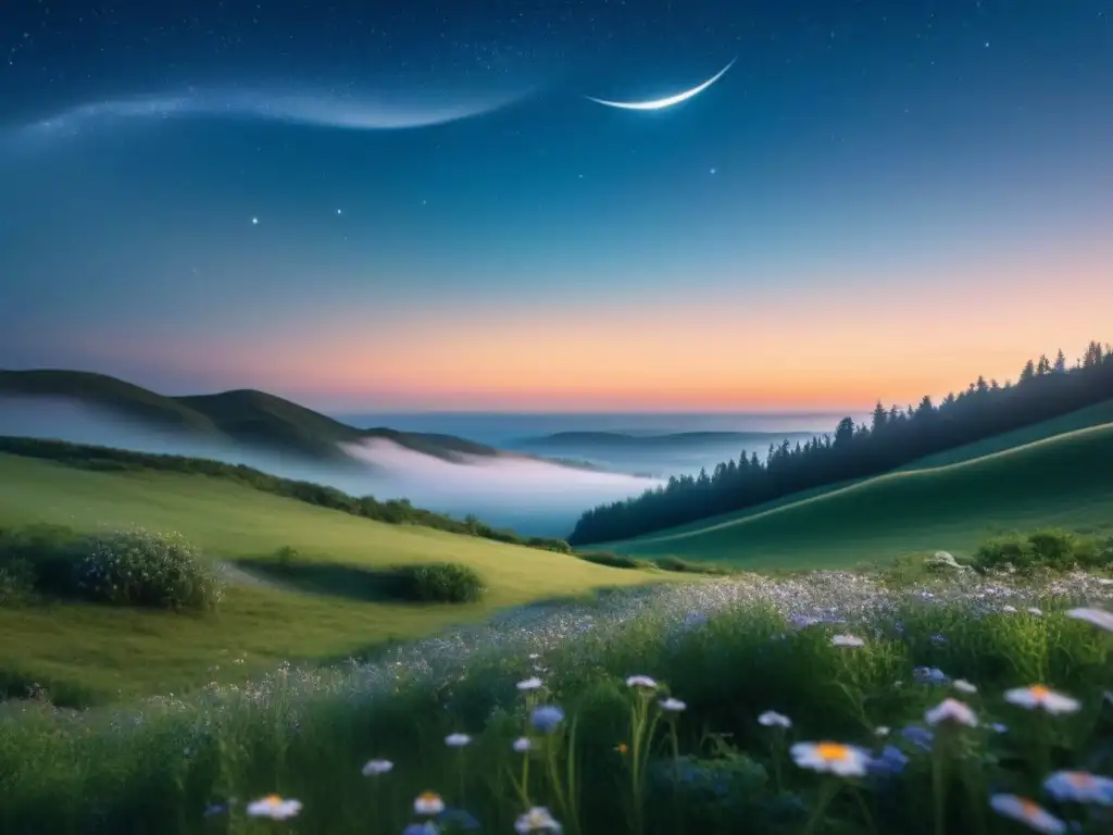 Escena nocturna serena con estrellas y luna creciente sobre prado tranquilo Un paisaje nocturno sereno con estrellas brillantes y luna creciente sobre un prado tranquilo
