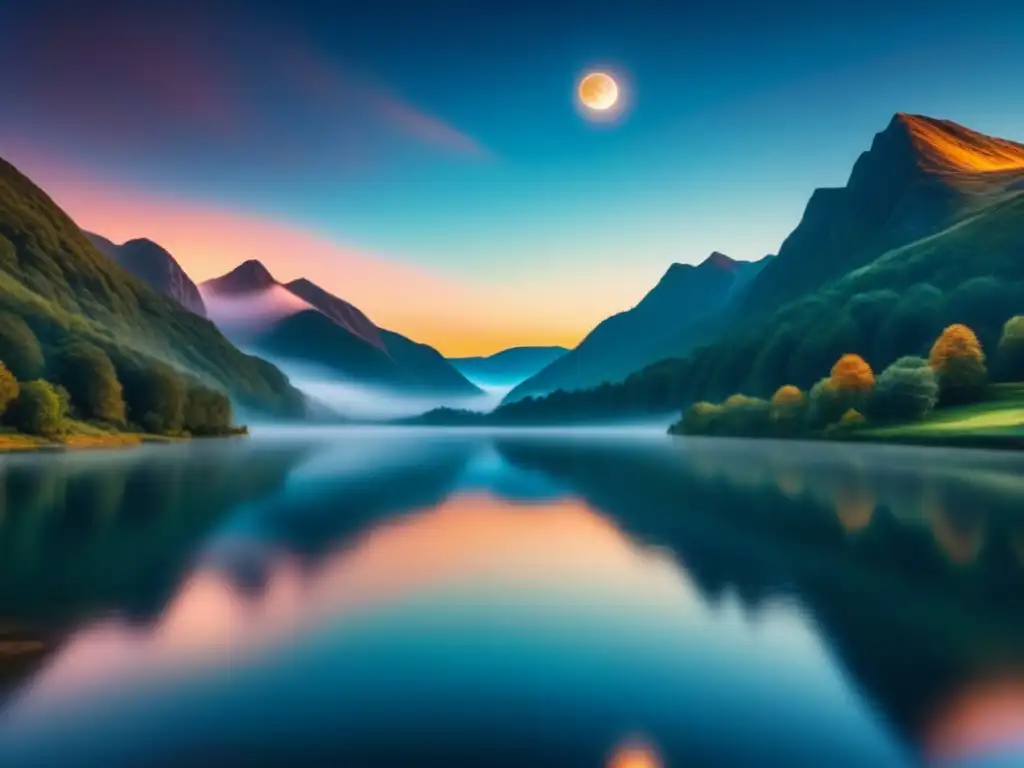 Serena noche de luna llena: paisaje tranquilo en 8k Paisaje nocturno sereno con luna llena brillante iluminando colinas y lago tranquilo