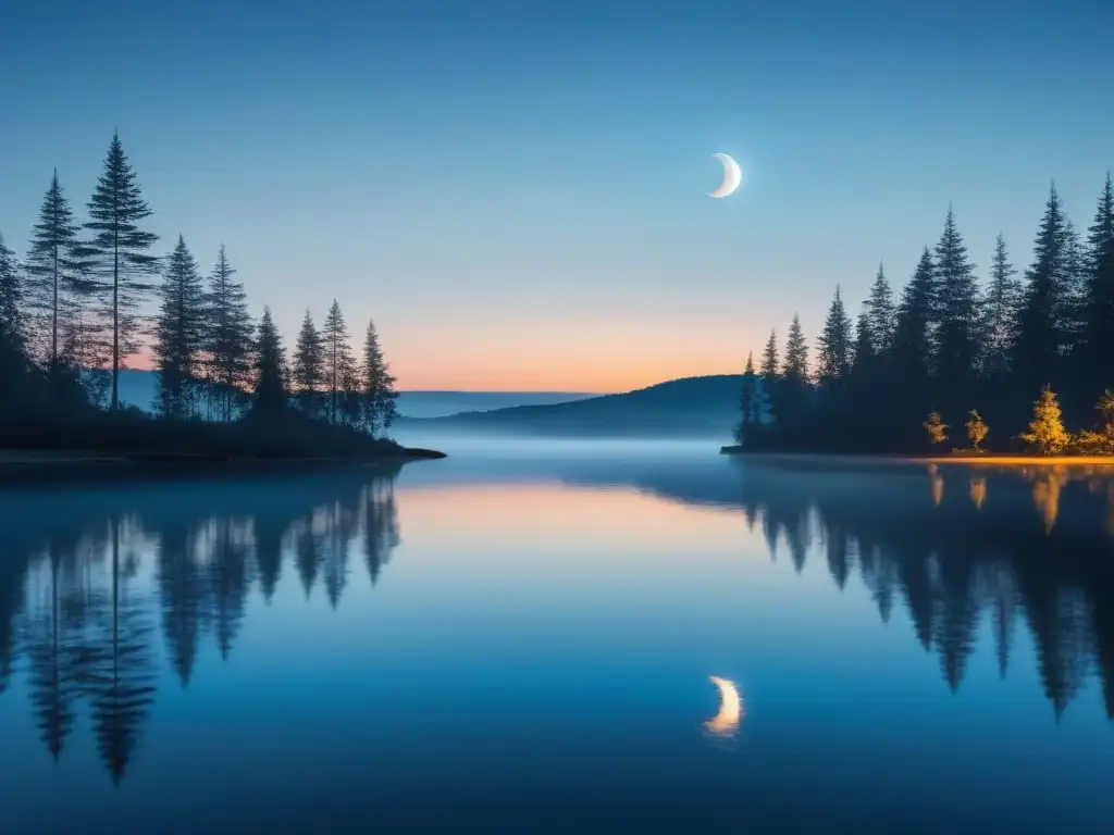 Tranquilidad nocturna: reflejo de luna sobre agua Paisaje nocturno sereno con la luna reflejada en el agua, ideal para visualización para dormir profundamente