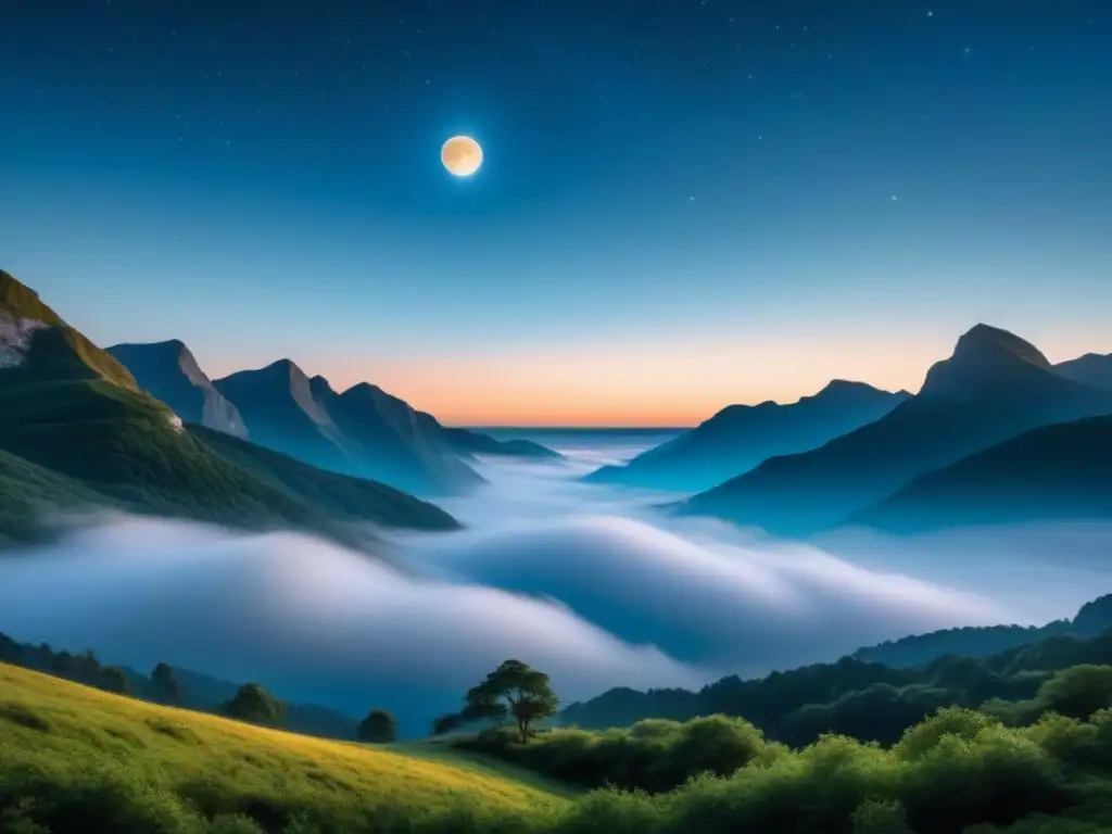 Escena nocturna serena: Luna llena ilumina paisaje tranquilizador Paisaje nocturno sereno con luna llena brillante y estrellas centelleantes