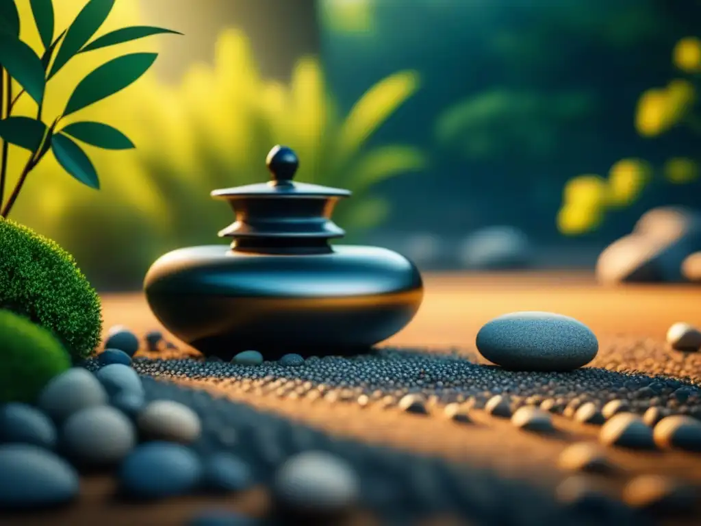 Jardín zen japonés: armonía y serenidad Paisaje zen: jardín de rocas japonés, fuente de bambú y equilibrio armonioso