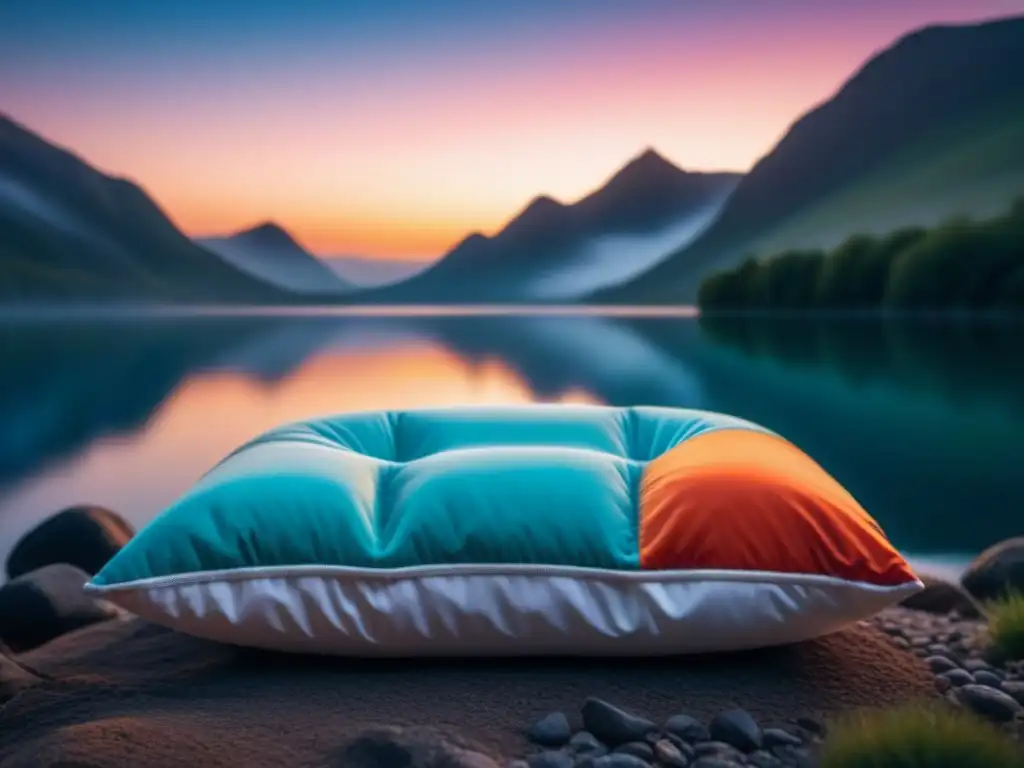Pillow perfecto en paisaje sereno: confort y tranquilidad Un paisaje sereno con un lago reflejando los colores vibrantes del atardecer, junto a una almohada de viaje para relax