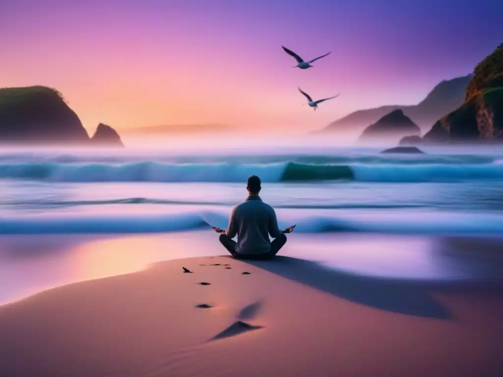 Paisaje sereno de playa al atardecer para relajación guiada Paisaje sereno de playa al atardecer con figura meditando