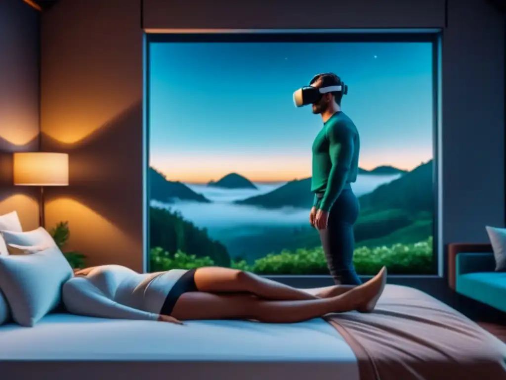 Exuberante paisaje virtual en 8k para mejorar el sueño Un paisaje sereno de realidad virtual para dormir mejor, con una habitación acogedora rodeada de vegetación y luces suaves