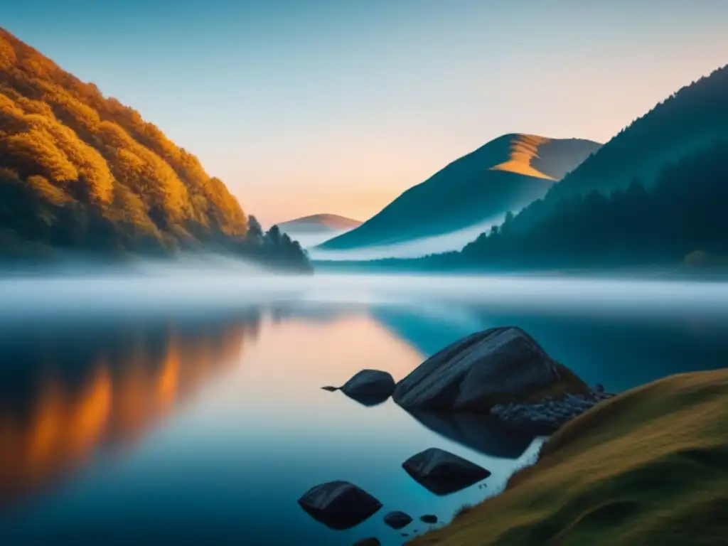 Paisaje sereno: pintura tranquila de un lago al atardecer Un paisaje tranquilo en tonos pastel, reflejando un lago al atardecer