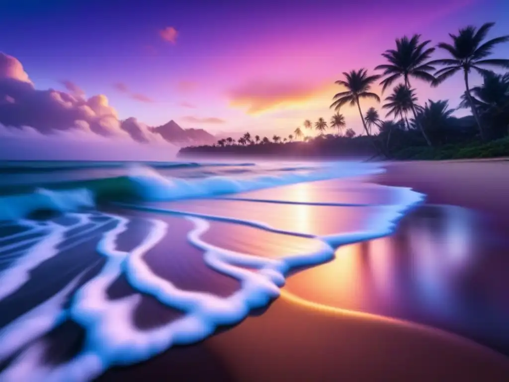 Playa tropical al atardecer: paz y tranquilidad Un paraíso tropical al atardecer con olas suaves, palmeras y un cielo colorido