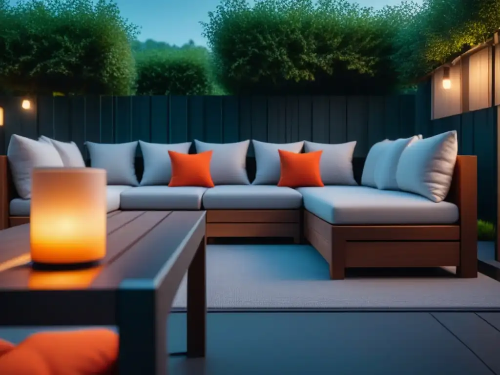 Oasis de relajación: patio iluminado con luces LED para una noche tranquila Un patio exterior sereno al anochecer, iluminado con luces LED inteligentes para un jardín tranquilo