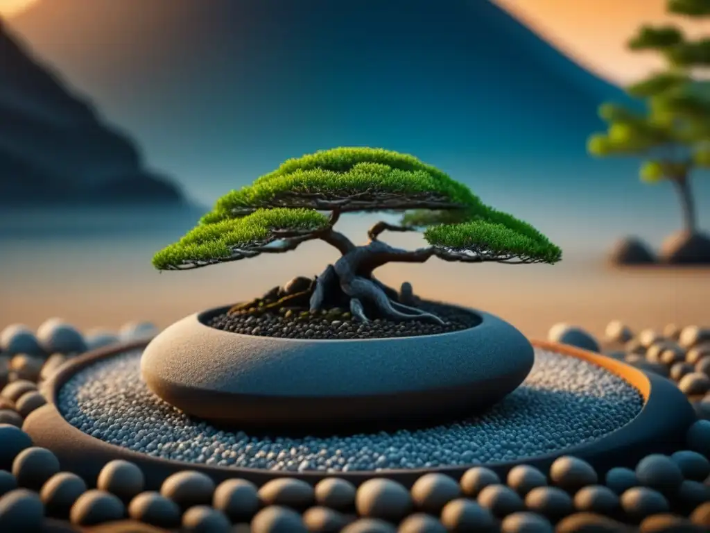 Jardín Zen: Armonía con bonsái y piedras Jardín Zen con patrones de grava y bonsái, ideal para concentración con plantas medicinales