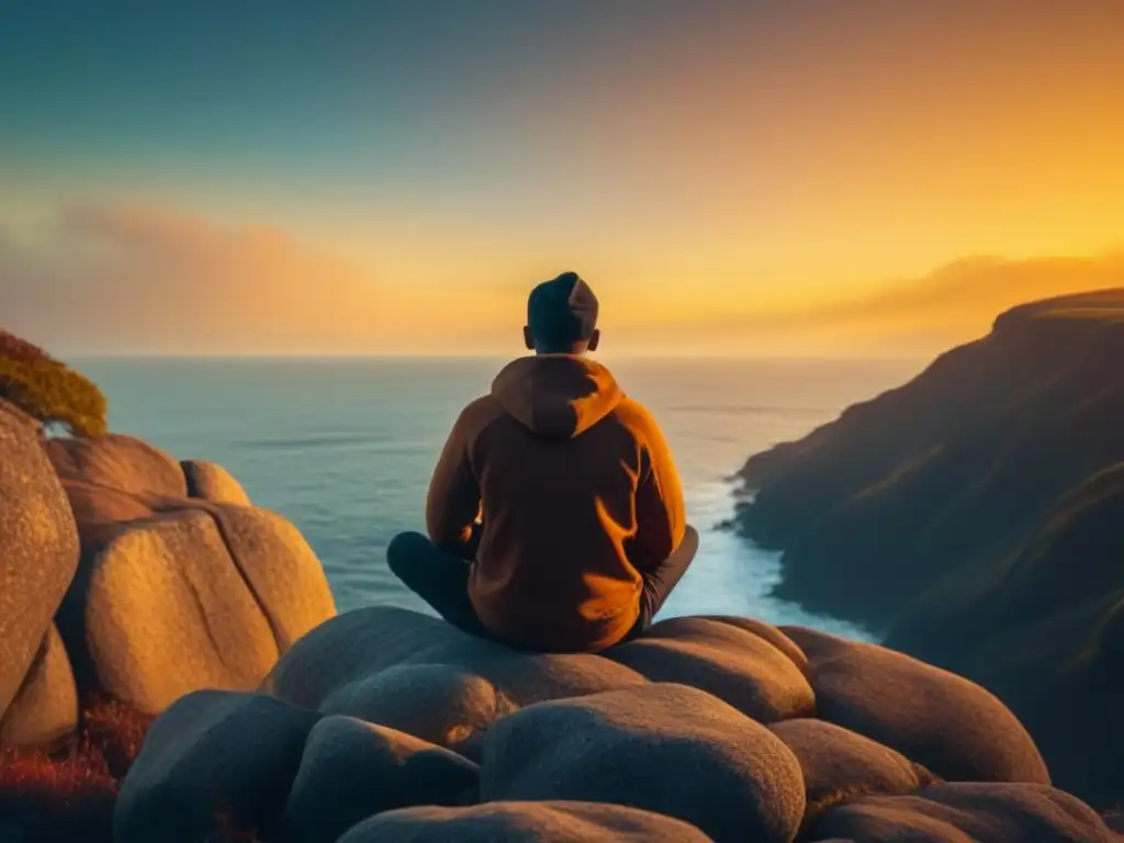 Contemplación al atardecer: serenidad en acantilado rocoso Pausas activas para combatir estrés: persona en meditación en acantilado al atardecer, frente a tranquilo mar brillante