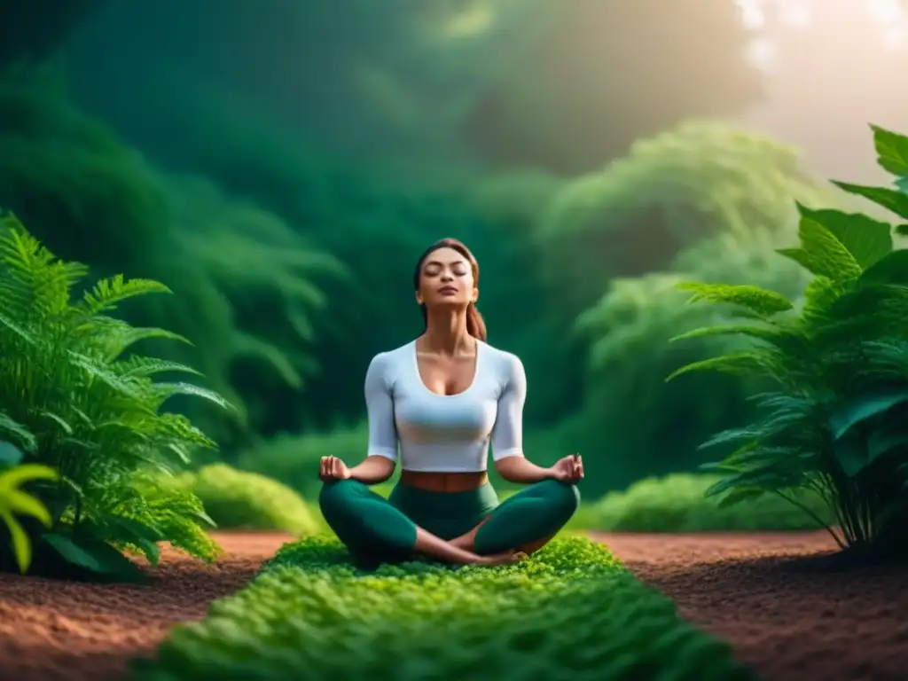 Serena meditación en jardín verde: paz interior Meditación y paz interior en un jardín sereno con vegetación exuberante