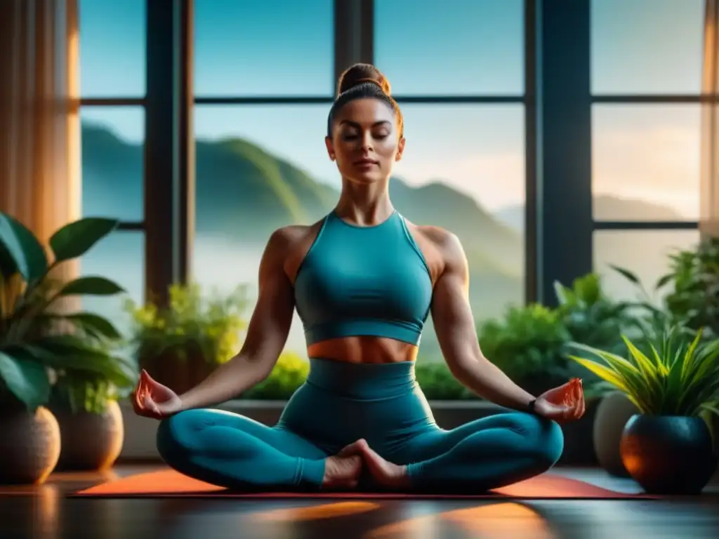Práctica de yoga en casa: serenidad y paz interior Paz interior con yoga en casa: Persona en postura meditativa, rodeada de plantas, luz natural y serenidad