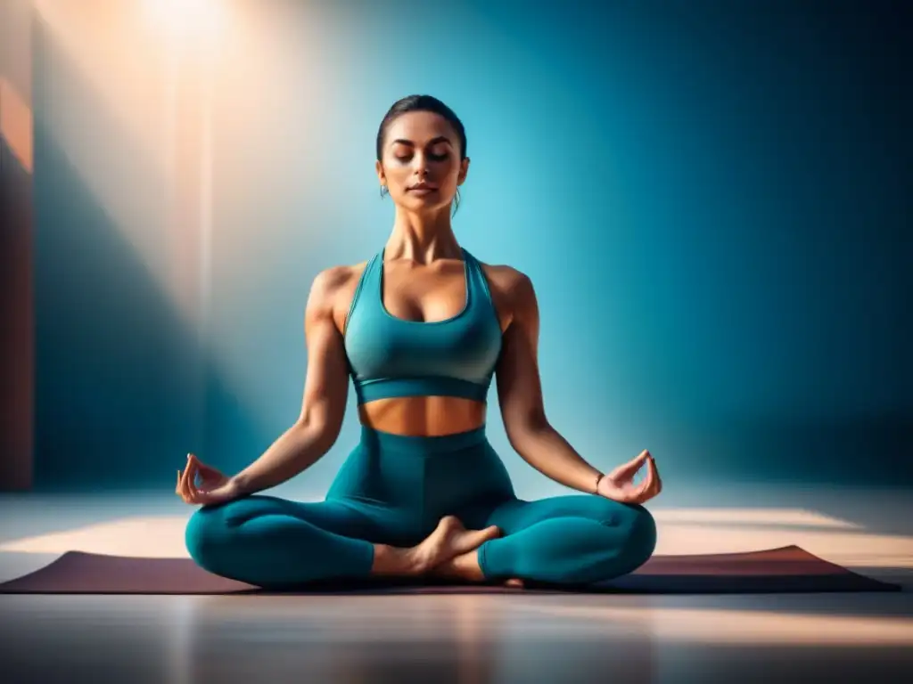 Yoga en casa: serenidad y paz interior en armonía Paz interior con yoga en casa: Persona en postura de yoga, rodeada de luz suave y expresión serena, transmitiendo calma y serenidad