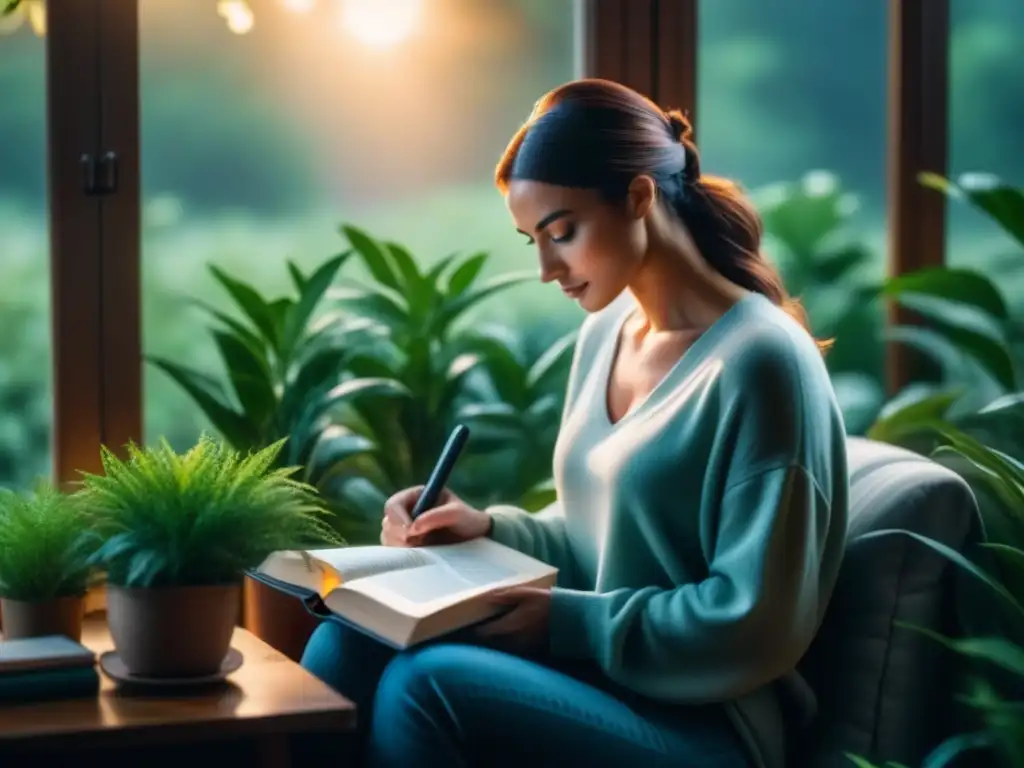 Serena meditación entre plantas y escritura Persona en rincón acogedor, rodeada de plantas con diarios de gratitud para principiantes