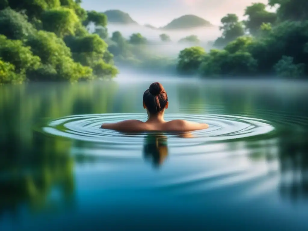 Flotando en tranquilidad: conexión con la naturaleza Persona flotando en agua tranquila entre vegetación, reflejos verdes en la superficie