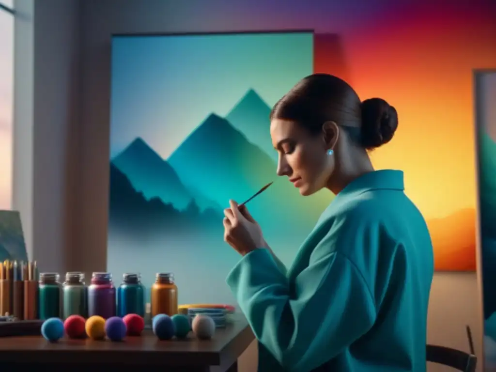 Arte terapéutico: pintando en serenidad Una persona pintando en un ambiente sereno y lleno de creatividad, rodeada de arte
