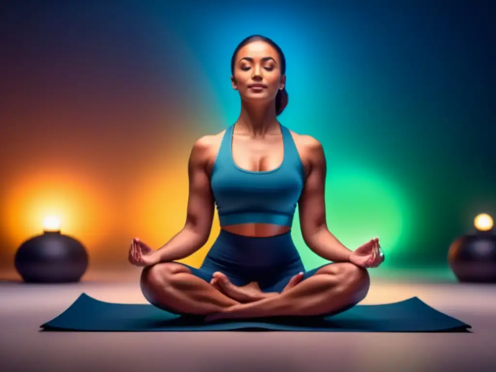 Serena meditación en yoga: paz interior y relajación Persona meditando en un ambiente sereno, rodeada de luces suaves
