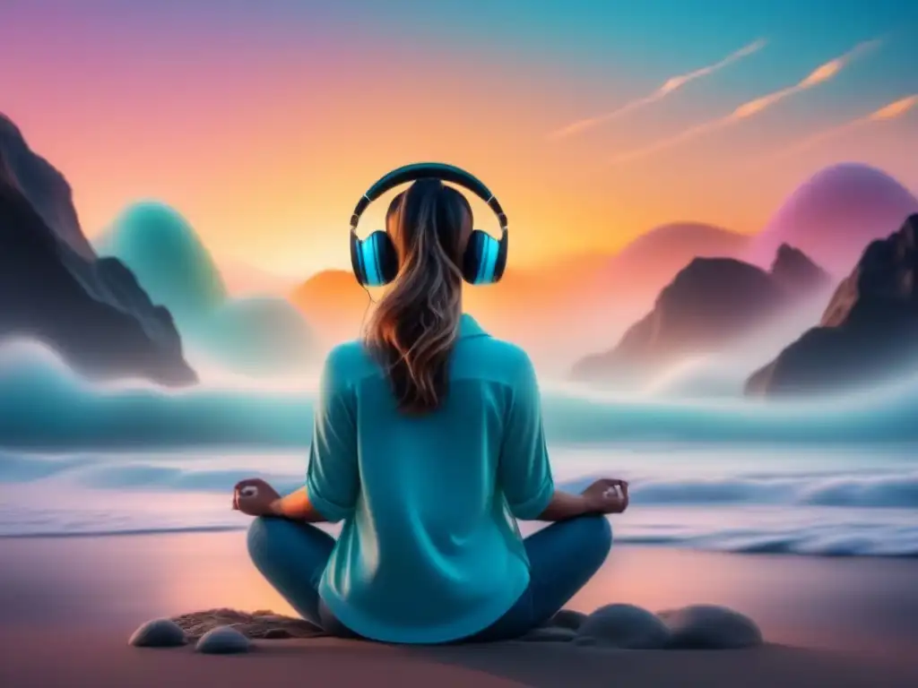 Meditación musical: sumérgete en la serenidad Persona meditando con auriculares, inmersa en música