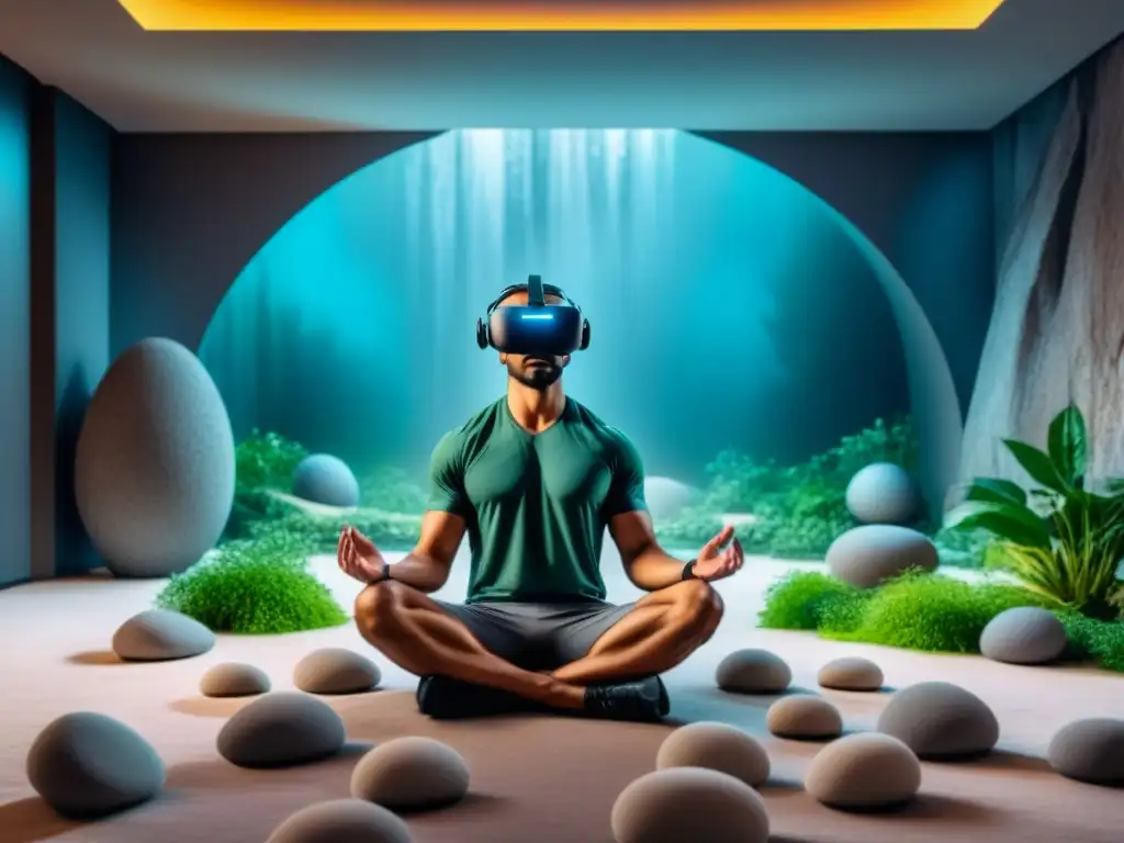Experiencia de meditación inmersiva en realidad virtual Persona en meditación con auriculares de realidad virtual en un ambiente futurista y sereno