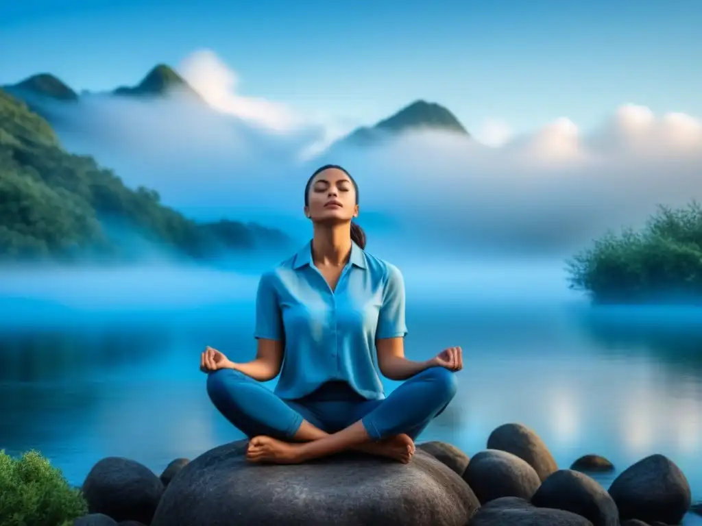 Imagen de meditación serena: respiración profunda y paz interior Persona meditando en calma, respirando profundamente