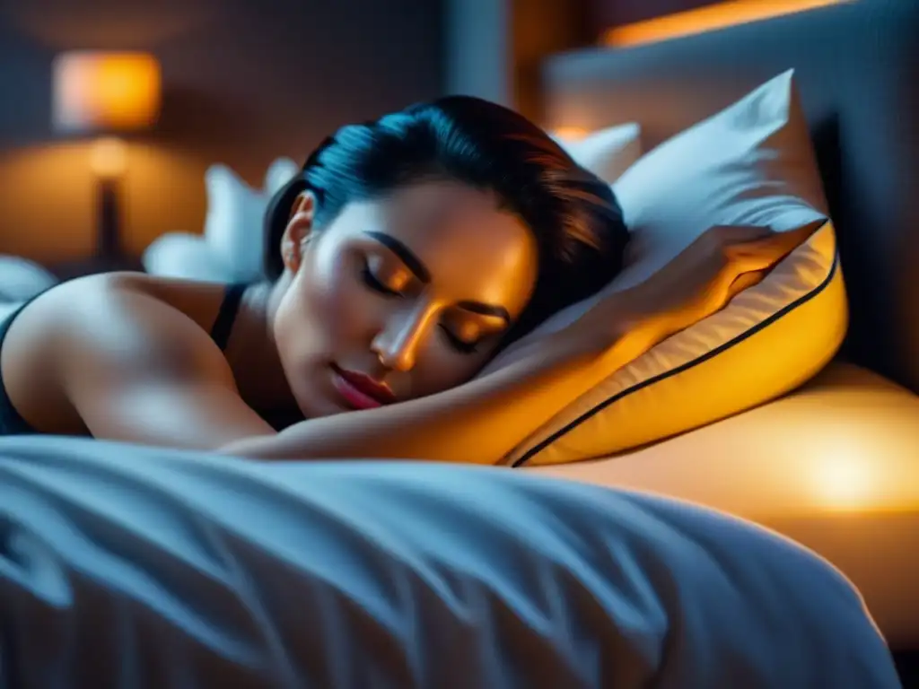 Persona durmiendo plácidamente en cama acogedora, iluminada suavemente