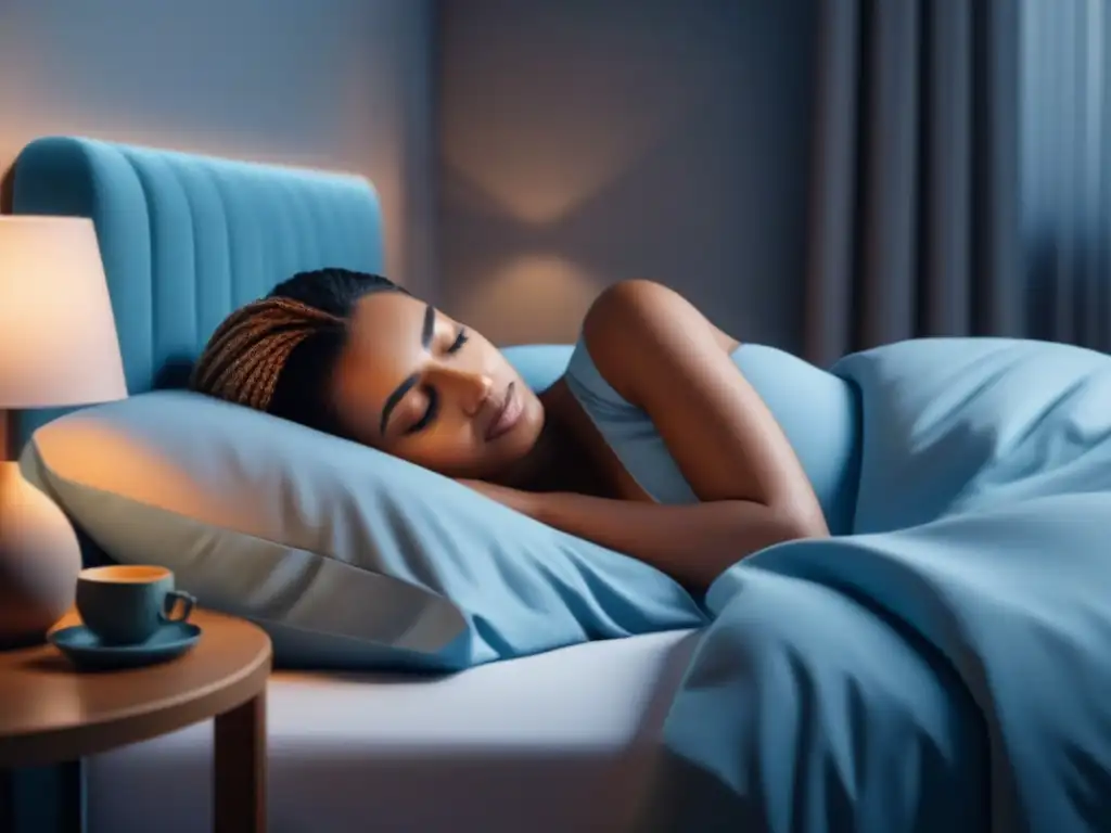 Persona durmiendo plácidamente en una cama acogedora, iluminada suavemente