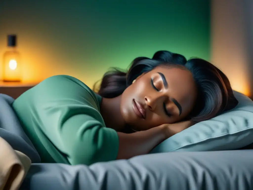 Tranquilidad en el sueño: dormir en paz para controlar la ansiedad Persona durmiendo plácidamente en una cama acogedora, rodeada de luz cálida