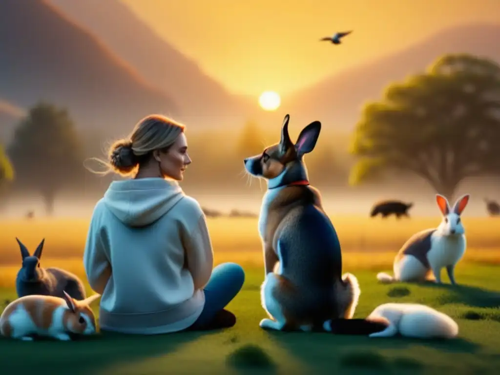 Terapia animal: armonía en la naturaleza con animales amigables Persona en campo rodeada de animales amigables, transmitiendo calma y serenidad