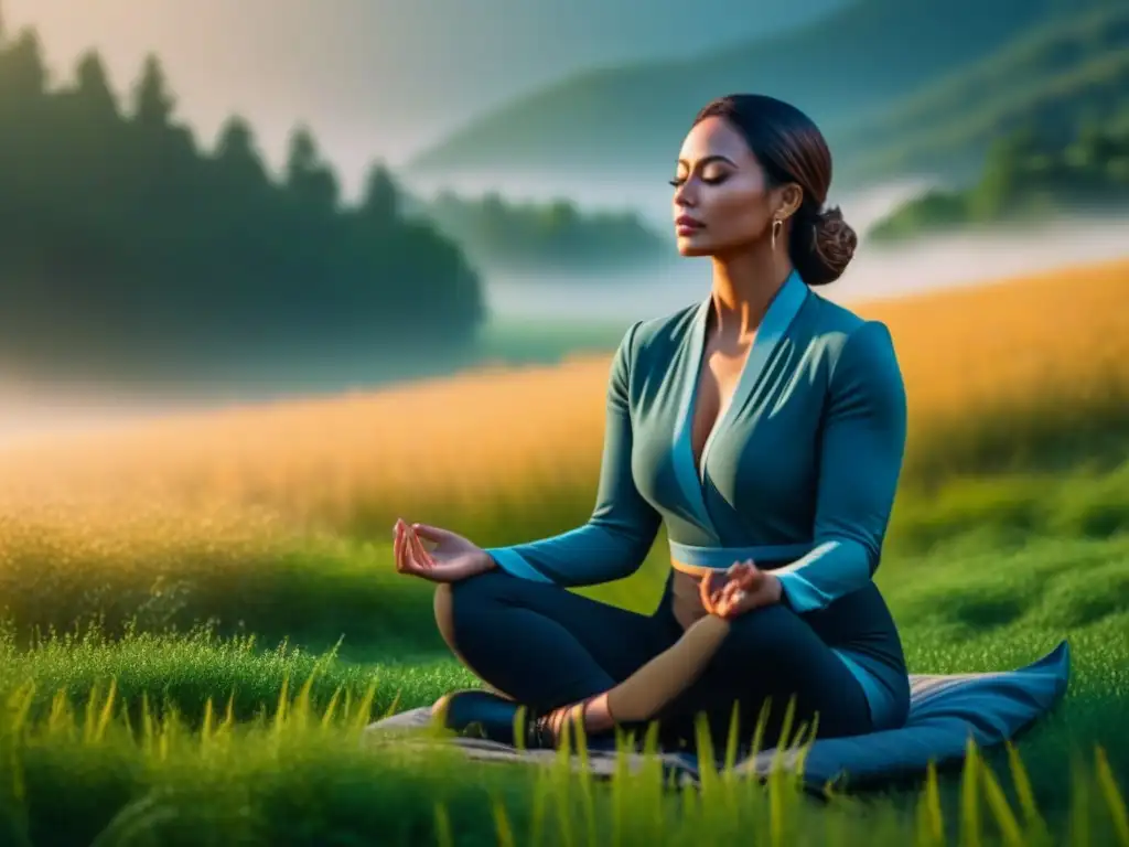 Serena meditación en campo verde Una persona medita en un campo verde, bañada por la luz cálida del sol, transmitiendo calma y conexión con la naturaleza