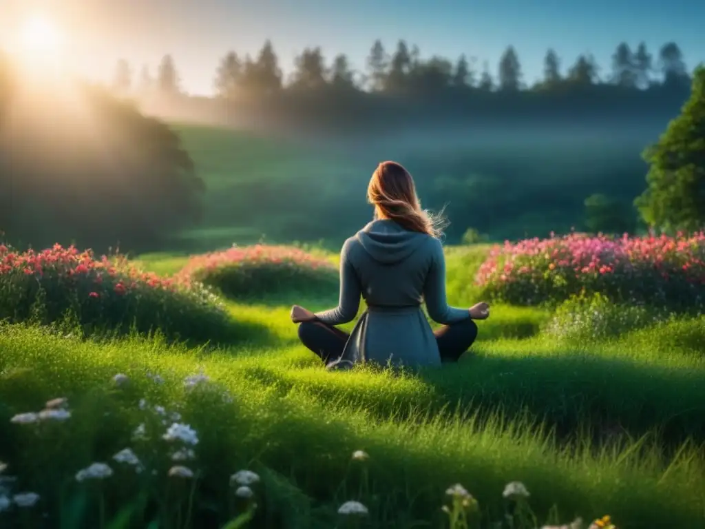 Meditación en prado florido: serenidad y conexión con la naturaleza Persona meditando en campo verde con flores, rostro al sol