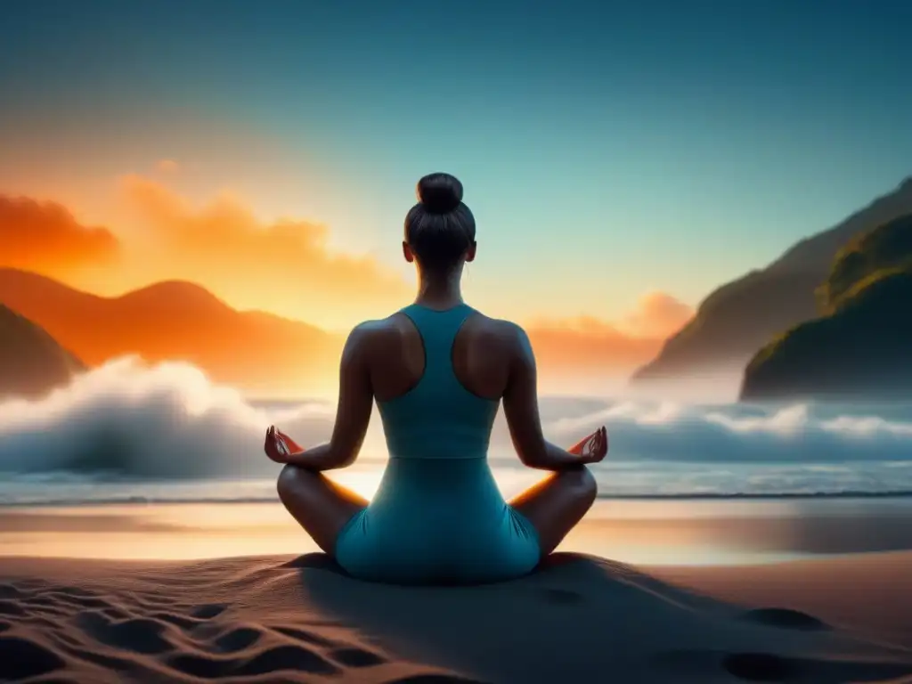 Meditación en armonía: silueta serena en luz suave Persona meditando en casa con las mejores apps de meditación, rodeada de luz y paz en paisaje abstracto