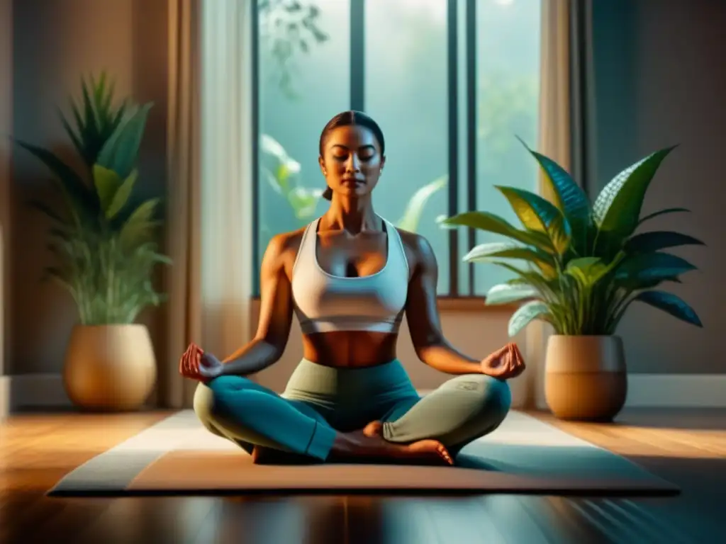 Mediación serena en ambiente natural y armonioso Persona meditando en casa con plantas, tonos suaves y sonrisa tranquila