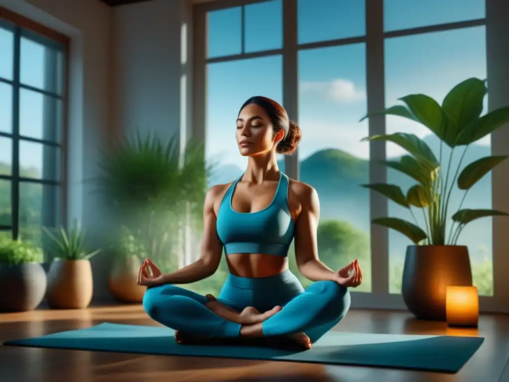 Persona practicando biorretroalimentación en casa, rodeada de plantas y luz natural, transmitiendo paz y equilibrio