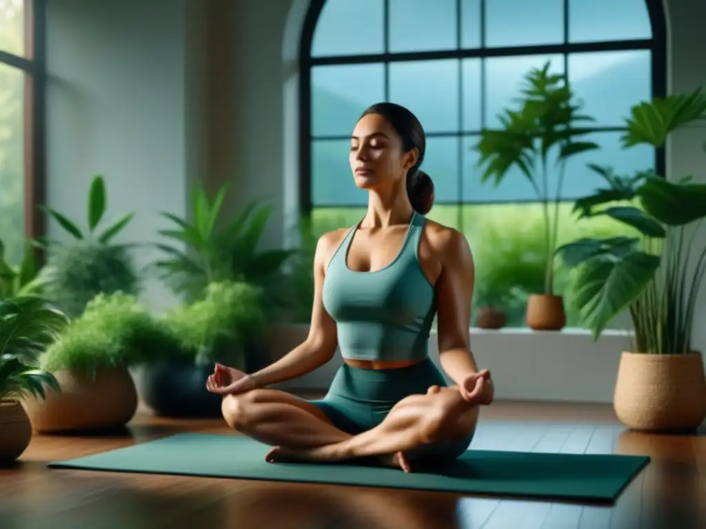 Persona practicando mindfulness y biorretroalimentación en casa, rodeada de plantas verdes y luz natural