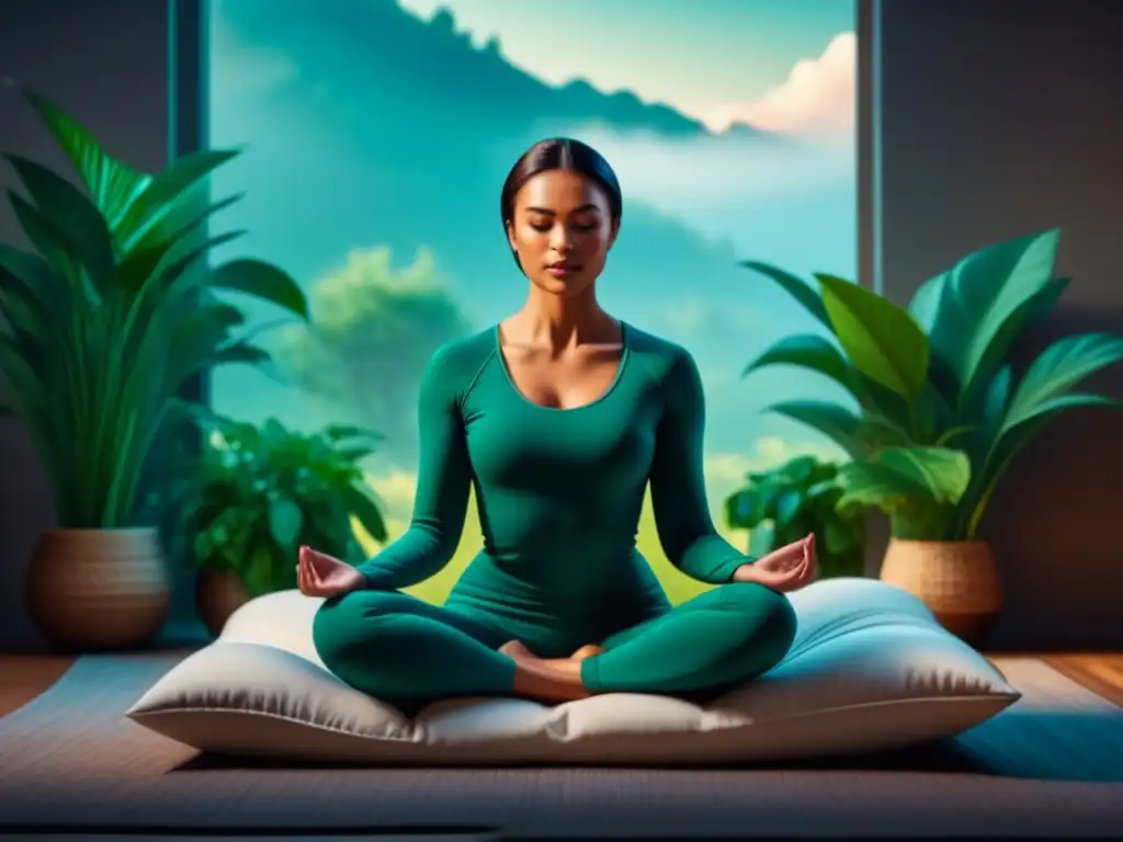 Práctica de biorretroalimentación en un oasis de calma Persona practicando biorretroalimentación para relajación en casa, rodeada de plantas verdes en un ambiente sereno y acogedor
