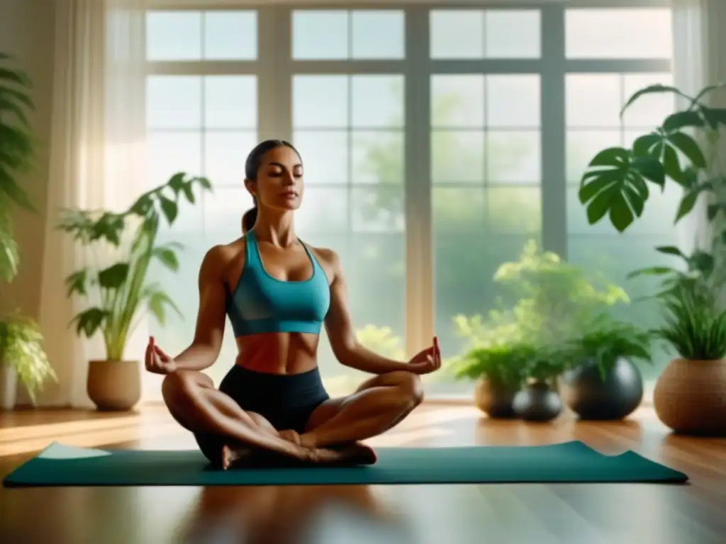 Tranquilidad y mindfulness: meditación en casa con biorretroalimentación Persona meditando en casa, rodeada de plantas, bañada por luz natural
