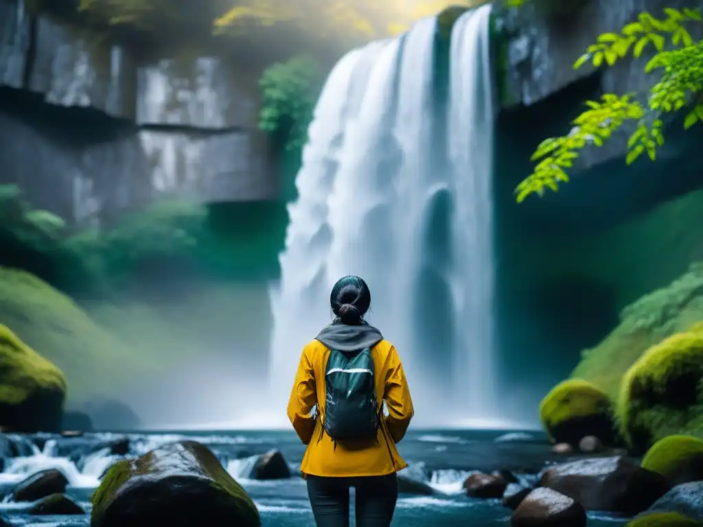 Fortaleza en la cascada: conexión serena con la naturaleza Una persona bajo una cascada fría en un bosque exuberante, transmitiendo fortaleza y serenidad