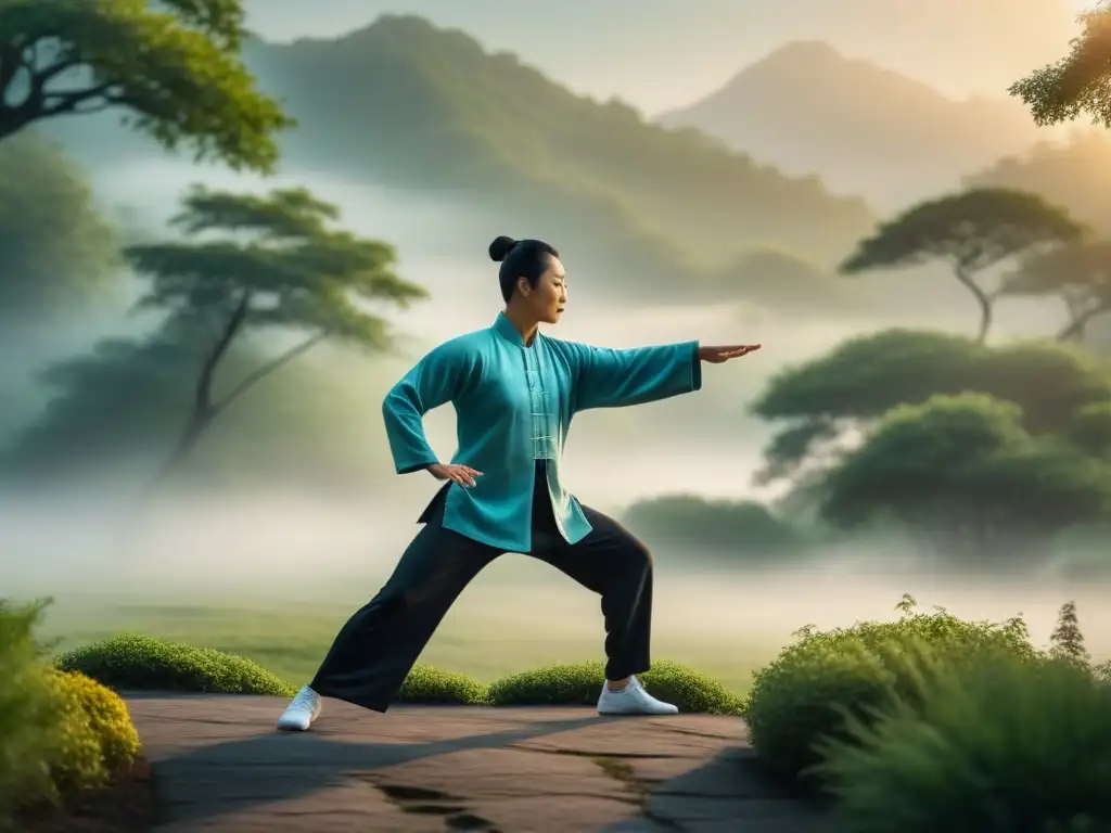Practicante de Tai Chi en el amanecer de un parque sereno Persona practicando Tai Chi al amanecer en un parque sereno, rodeada de naturaleza, creando armonía y paz