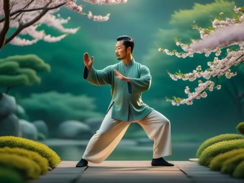 Serena práctica de Tai Chi al amanecer en jardín zen Persona practicando Tai Chi al amanecer en un jardín sereno con árboles de cerezos en flor