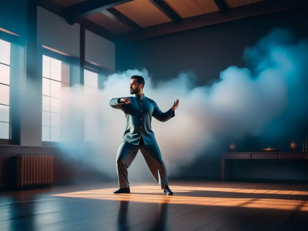 Practicante de Tai Chi en ambiente sereno y minimalista Persona concentrada practicando Tai Chi para dolor crónico en habitación serena con luz natural