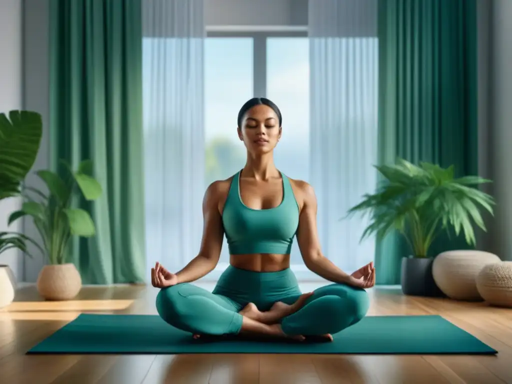 Persona en meditación, concentrada y serena en un espacio minimalista