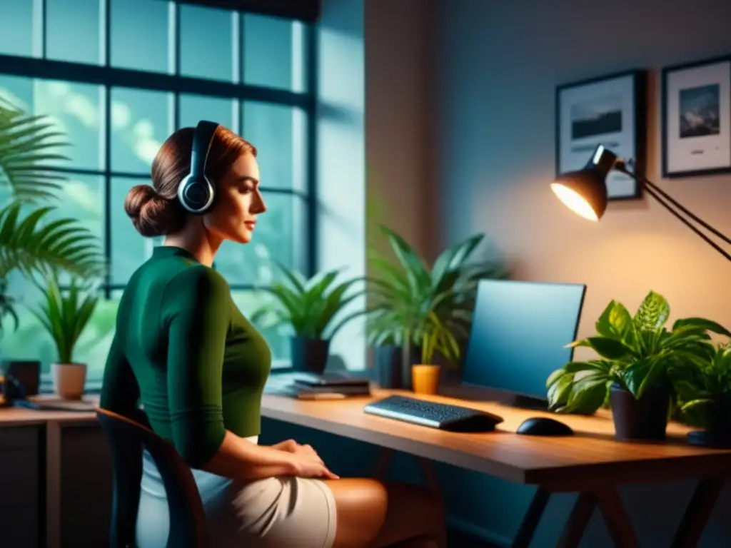 Persona concentrada practicando técnicas de respiración para relajarse en hogar con plantas y luz natural