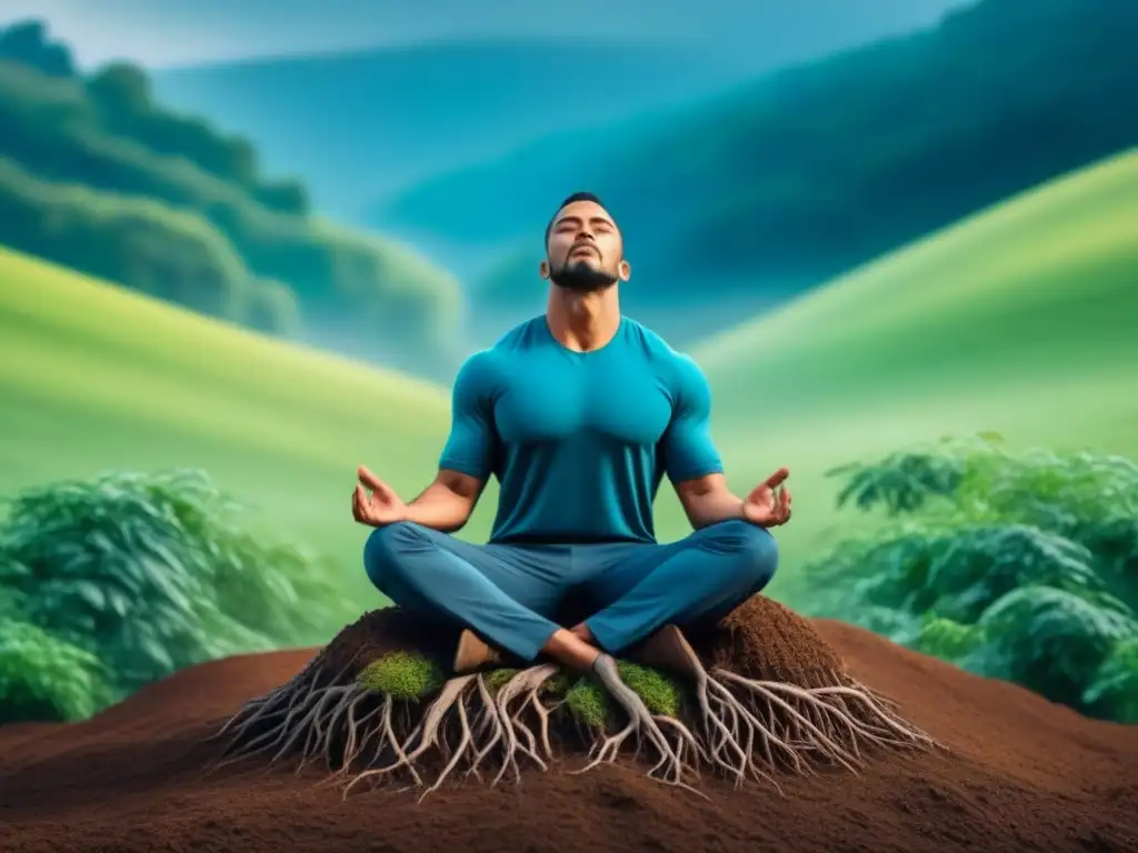 Conexión profunda con la tierra: ilustración minimalista de meditación Persona en conexión con la tierra, practicando técnicas de aterrizaje para aliviar estrés