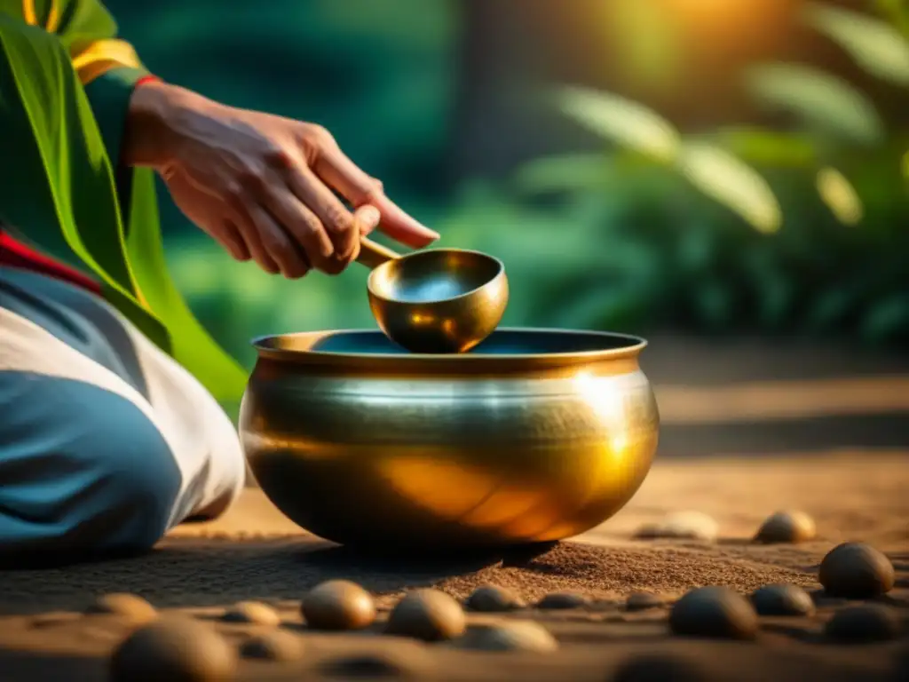 Mediación con cuenco tibetano entre la naturaleza Persona meditando con cuenco tibetano en entorno natural